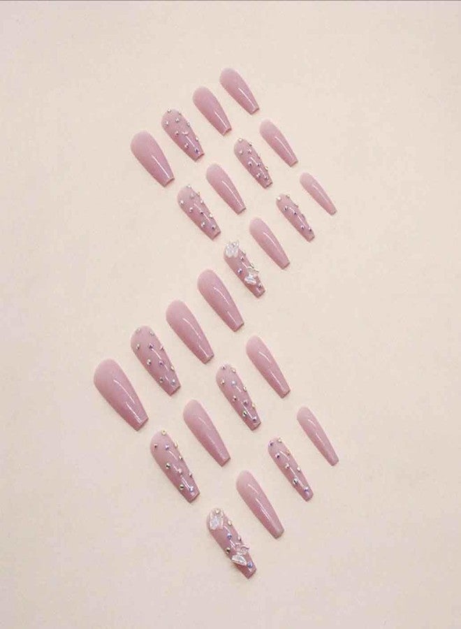 Foccna Coffin Press on Nails Long, Pink Fake Nails Acrylic Crystal False Nails,Artificial Nails for Women and Girls,24 pcs - Image 2